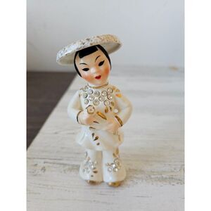Vintage lefton boy fan hat figurine rhinestone‎ 1956 vintage statue figurine
